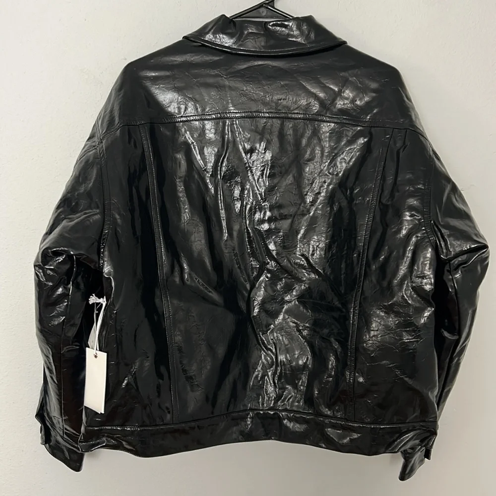 NWT Good American patent vegan leather Trucker jacket. Black, women’s small.